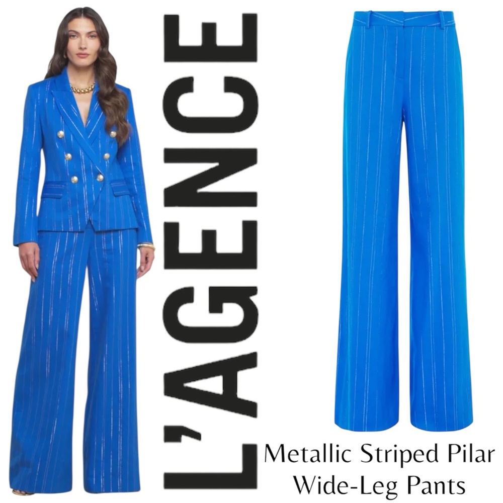 L'AGENCE Wide Leg Royal Blue Gold Pinstripe High Waist Trousers Pilar Linen NWT